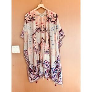 Woven Heart Kimono Coverup Boho Medallian Tassels Cream Purple Pink Peach OS